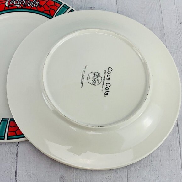 Gibson 1997 COCA COLA Traditions Red Stained Glass Stoneware Dinner Plates Set 3 - Picture 3 of 7